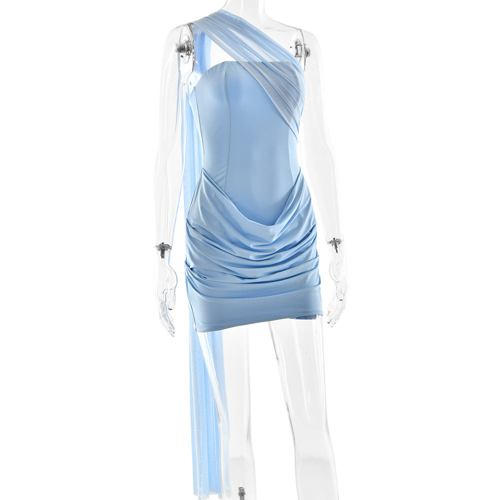 Damen Raffiniertes Minikleid mit asymmetrischem Ausschnitt und Rüschendetails Drune