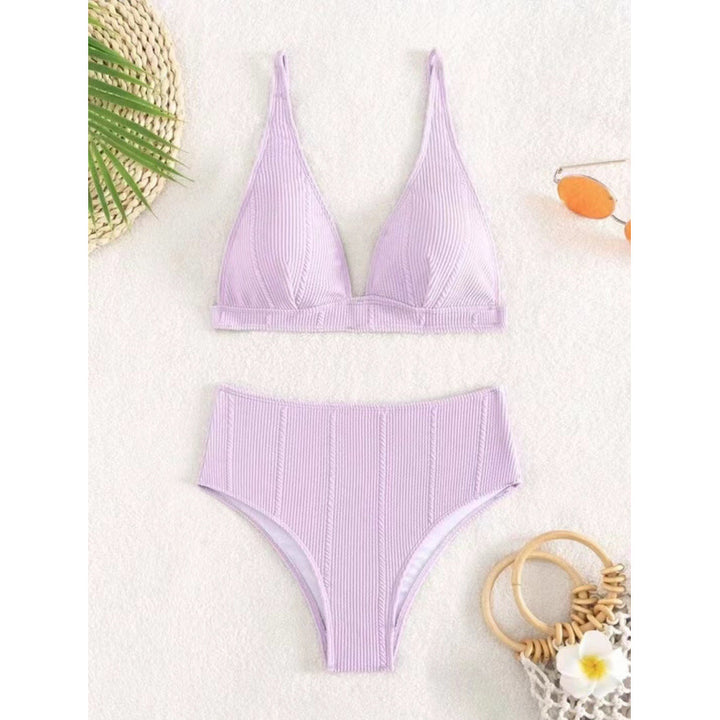 Damen Hochgeschnittener Bikini mit elegantem V-Ausschnitt und geripptem Design Drune