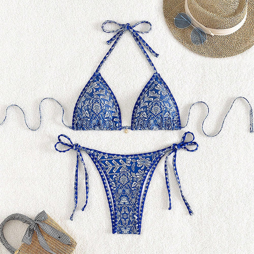 Damen Triangel-Bikini mit verspieltem Muster und eleganten Bindebändern Drune