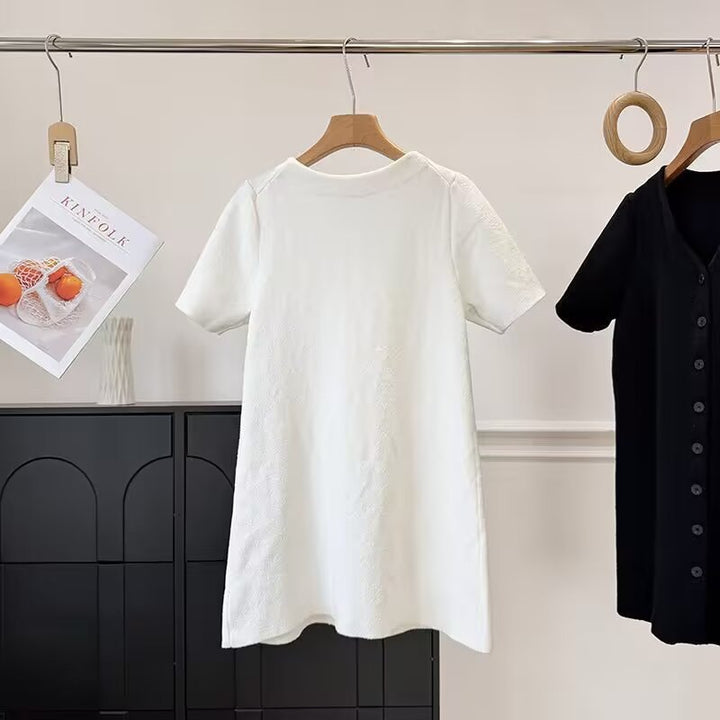 Damen Knopf-Down Kleid mit V-Ausschnitt und kurzen Ärmeln Drune