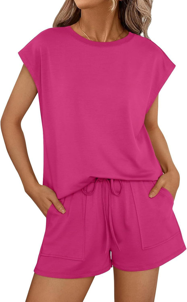 Damen lässiges Sommer-Set aus Oberteil und Shorts mit Kordelzug Drune