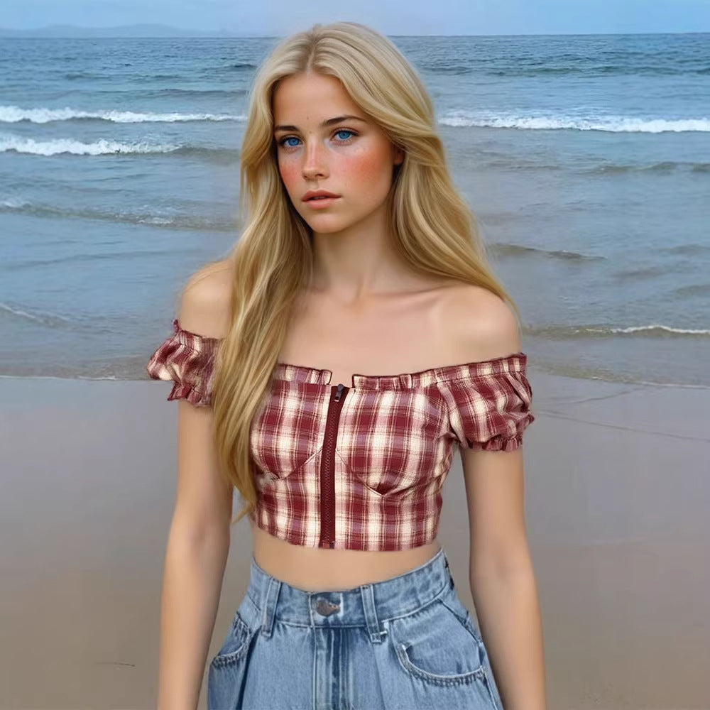 Damen Cropped Bluse mit Puffärmeln und Reißverschluss Drune