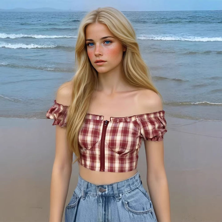 Damen Cropped Bluse mit Puffärmeln und Reißverschluss Drune