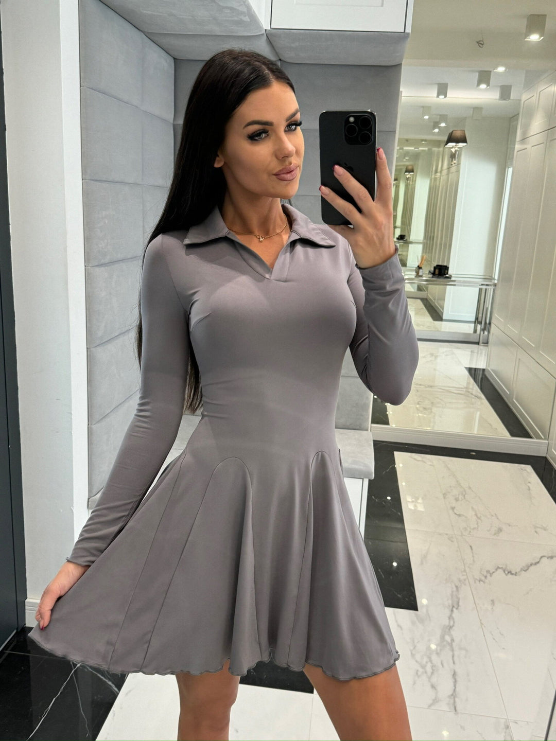 Damen A-Linien Kleid mit Polo-Kragen und schwingendem Rock Drune