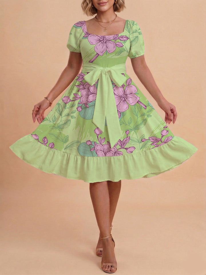 Damen Blumenkleid mit taillierbarem Gürtel und voluminösen Ärmeln Drune