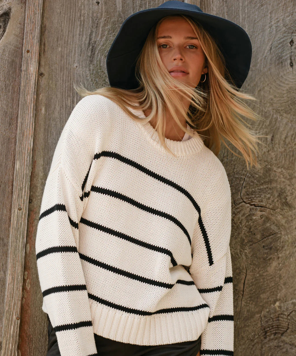 Damen lässiger Strickpullover mit breiten Streifen und Rundhalsausschnitt Drune