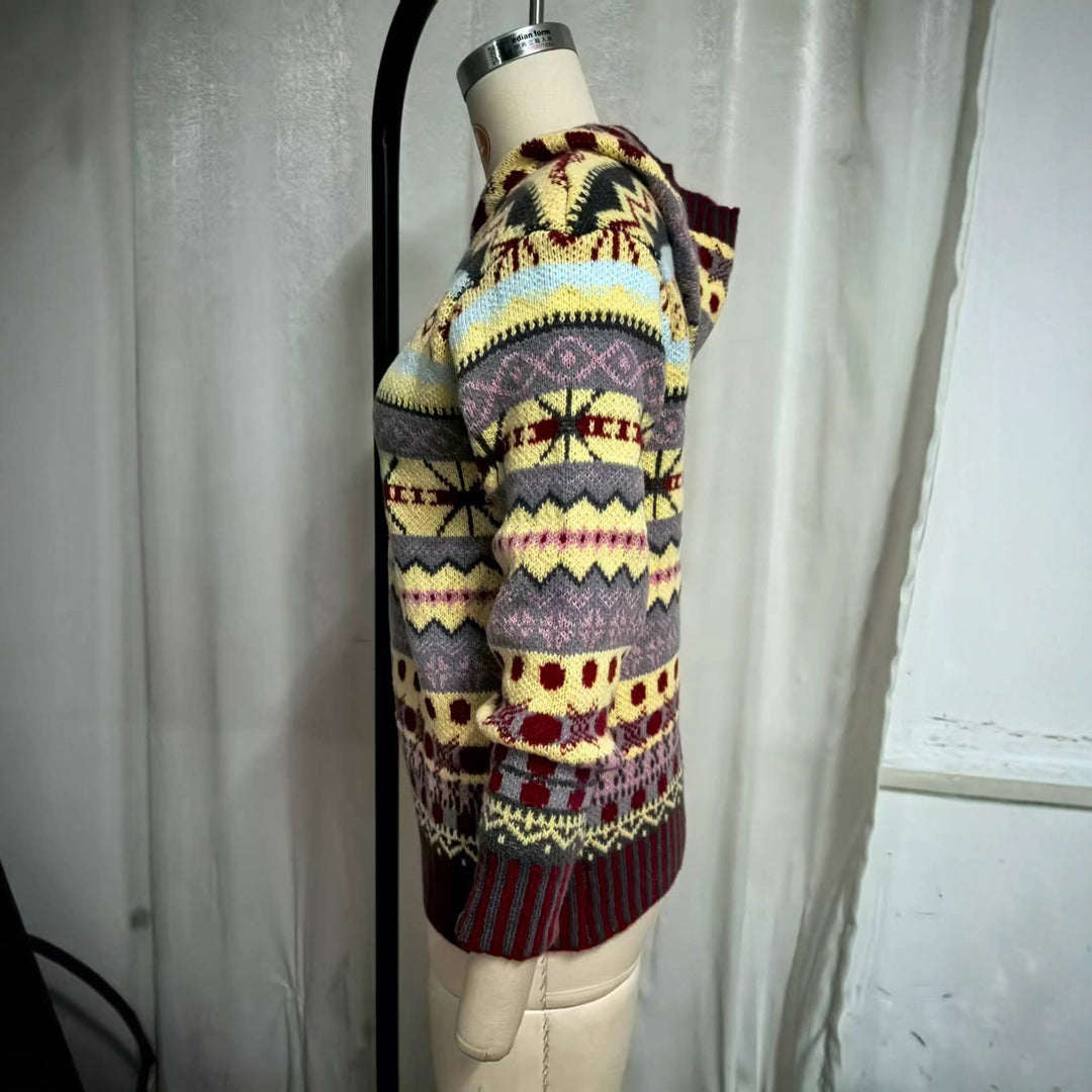 Damen nan oversized Strickkapuzenpullover mit Norwegermuster, gefütterter Kapuze und gerippten Bündchen Drune