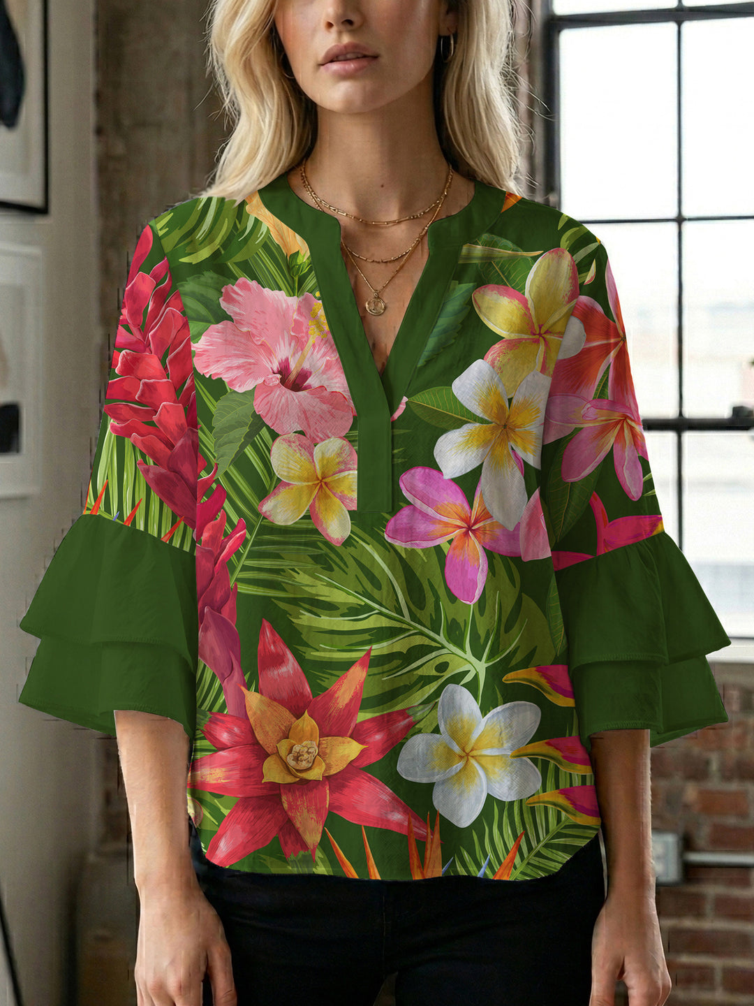 Damen Blusenshirt mit voluminösen Ärmeln und floralem Muster Drune