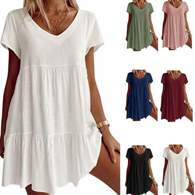Damen lässiges und leichtes Sommerkleid mit V-Ausschnitt und voluminösem Rock Drune
