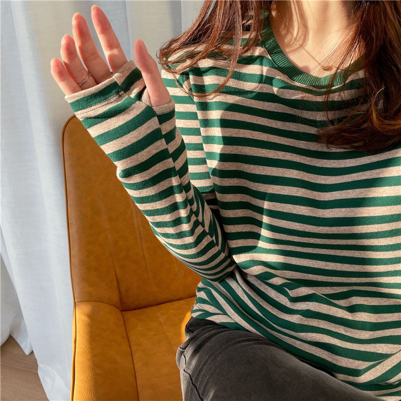 Damen lässiges Longsleeve-Shirt mit modischem Streifenmuster und Daumenlöchern Drune