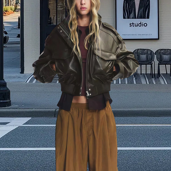 Damen ausgefallene Lederjacke mit voluminösen Ärmeln Drune