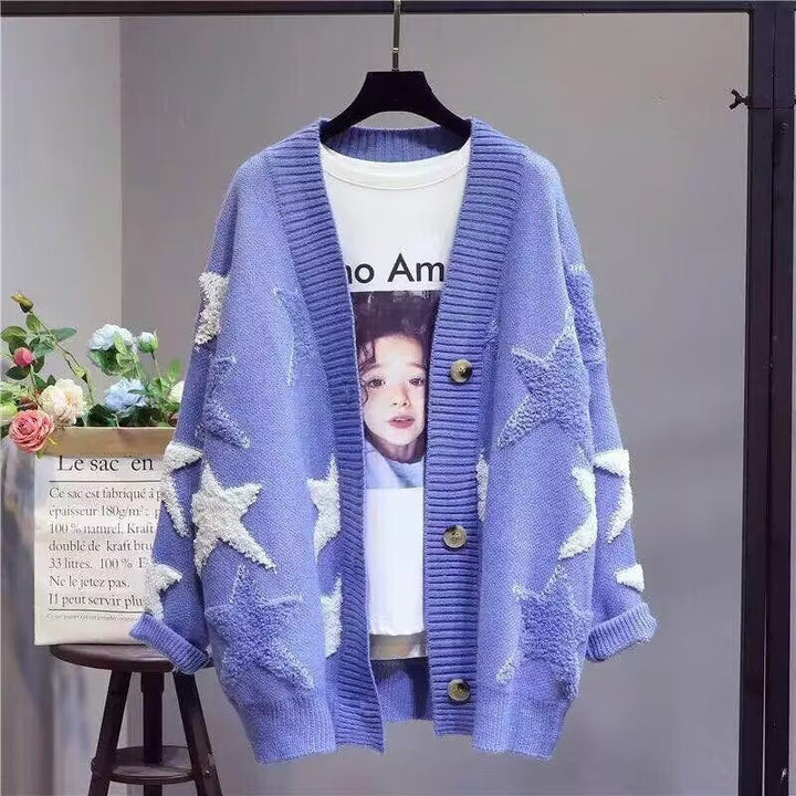 Damen Grobstrick-Cardigan mit Sternenmuster und tiefem V-Ausschnitt Drune