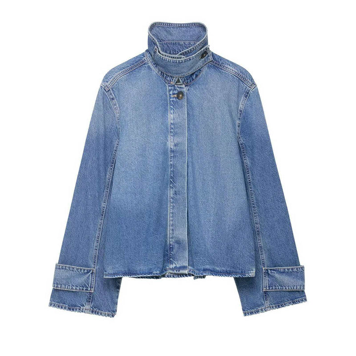 Damen nan cropped Boxy-Denimjacke mit hohem Wickel- bzw. Stehkragen und verdeckter Knopfleiste Drune