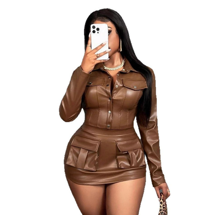 Damen Kunstleder Minikleid mit praktischen Klappentaschen Drune