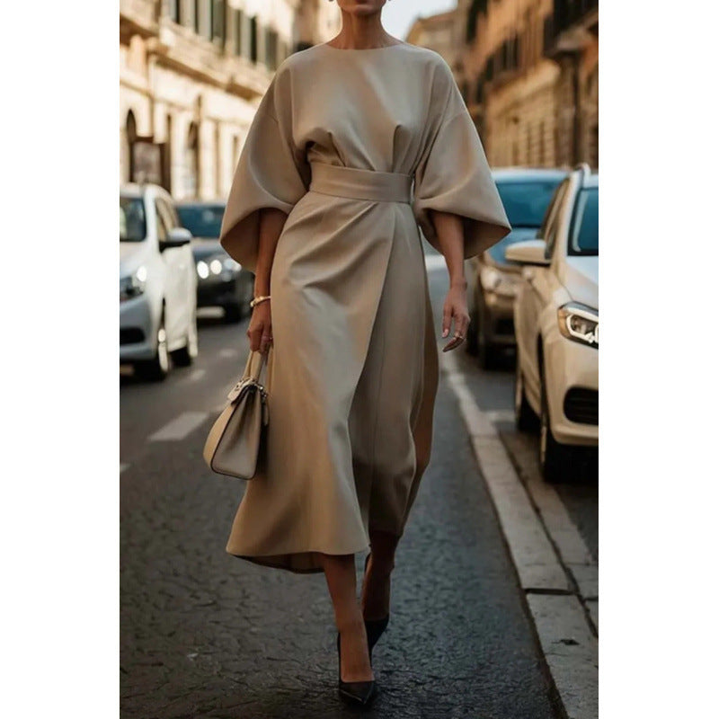 Damen Elegantes Maxikleid mit weiten Ärmeln und tailliertem Gürtel Drune