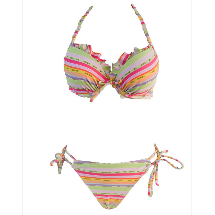 Damen Triangel-Bikini mit verspieltem Rüschendesign und buntem Streifenmuster Drune
