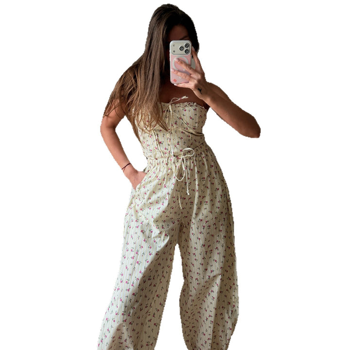 Damen Jumpsuit mit verspieltem Blumenmuster und elastischem Taillenzug Drune