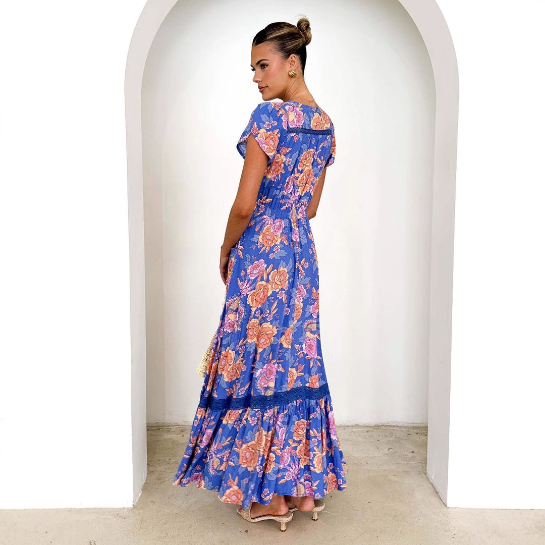 Damen Maxikleid mit elegantem V-Ausschnitt und femininen Rüschendetails Drune