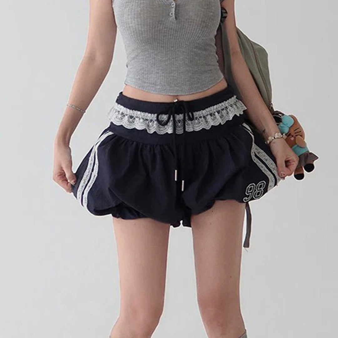 Damen sportliche und modische Shorts mit elegantem Spitzenbund und regulierbarem Taillenband Drune
