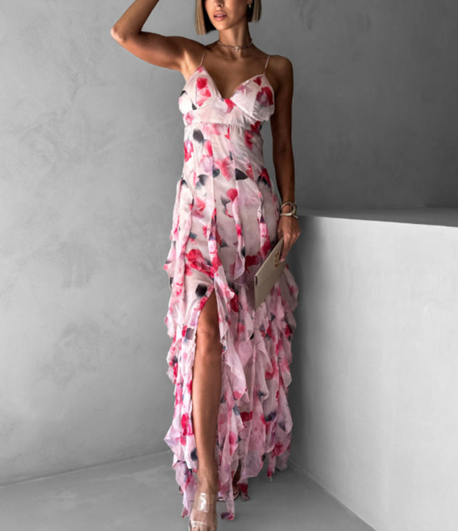 Damen Fließendes Chiffon Maxikleid mit Rüschendetails und floralen Akzenten Drune