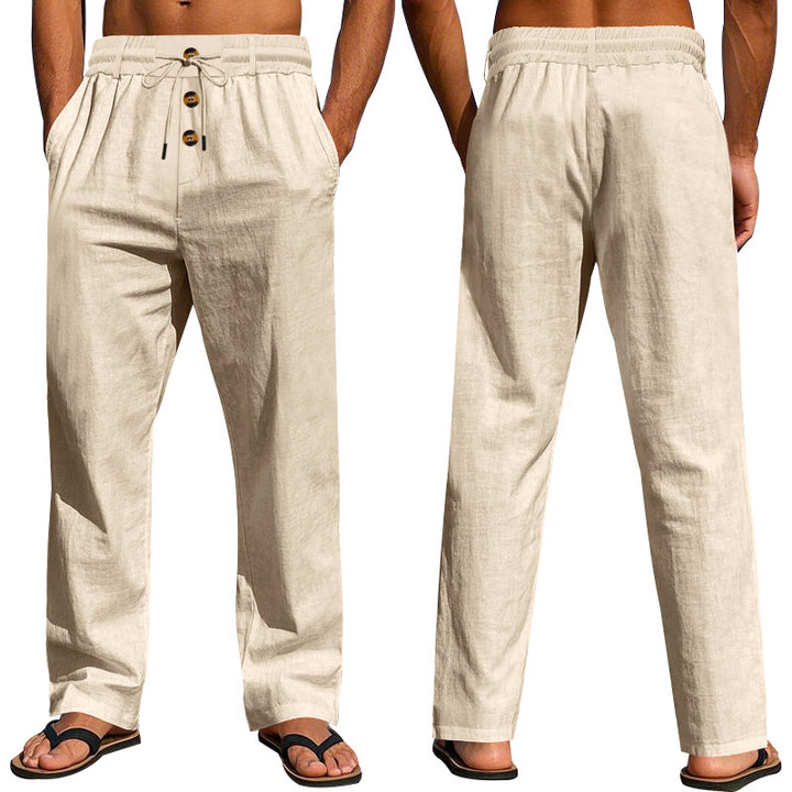 Herren Bequeme Leinenhose mit elastischem Bund und Knopfdetails Drune