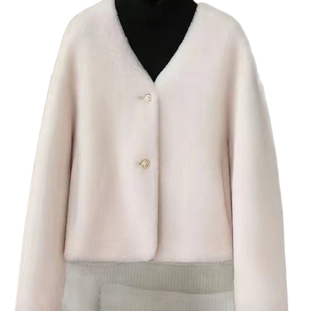 Damen Flauschige Kurzjacke mit edlen Knöpfen Drune