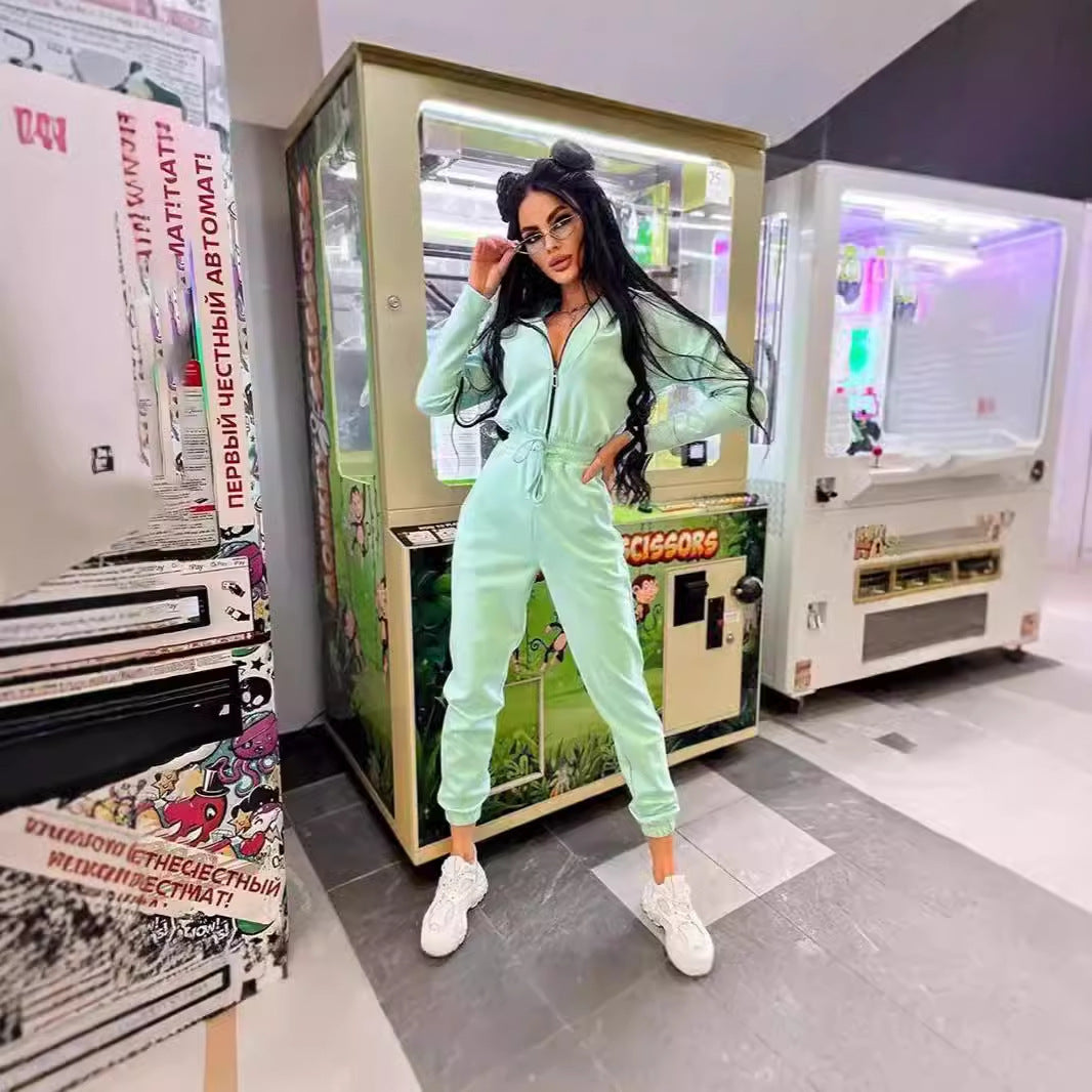 Damen bequemer Jumpsuit mit kontrastierenden Reißverschlussdetails Drune