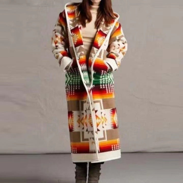 Damen Lange Strickjacke im bunten Ethno-Design und modernem Schnitt Drune
