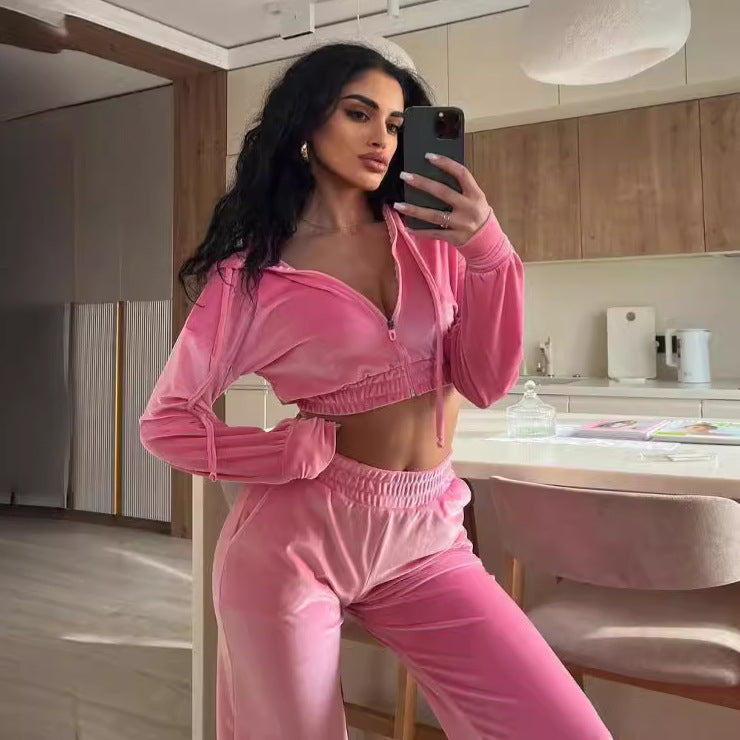 Damen nan kurzes Samt Trainingsset mit Reißverschluss Hoodie und weiter Bund Jogginghose Drune