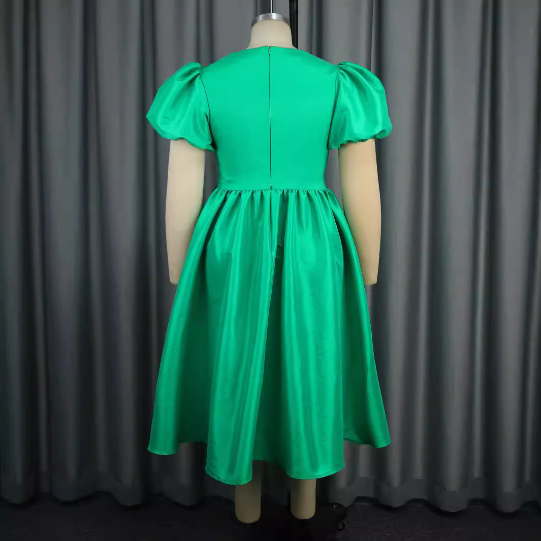 Damen Elegantes Midikleid mit Puffärmeln und diamantbesetztem Gürtel Drune