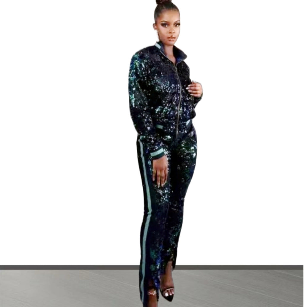 Damen Glitzerndes Sportanzug-Set mit trendigen Streifen Drune