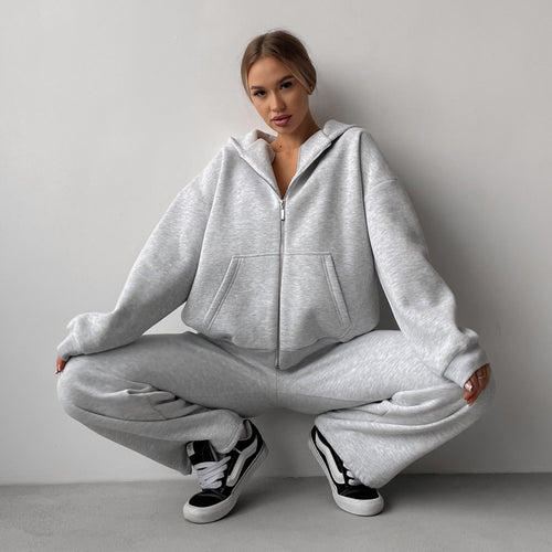 Damen lässiger Fleece-Jogginganzug mit integriertem Reißverschluss und weit geschnittener Hose Drune