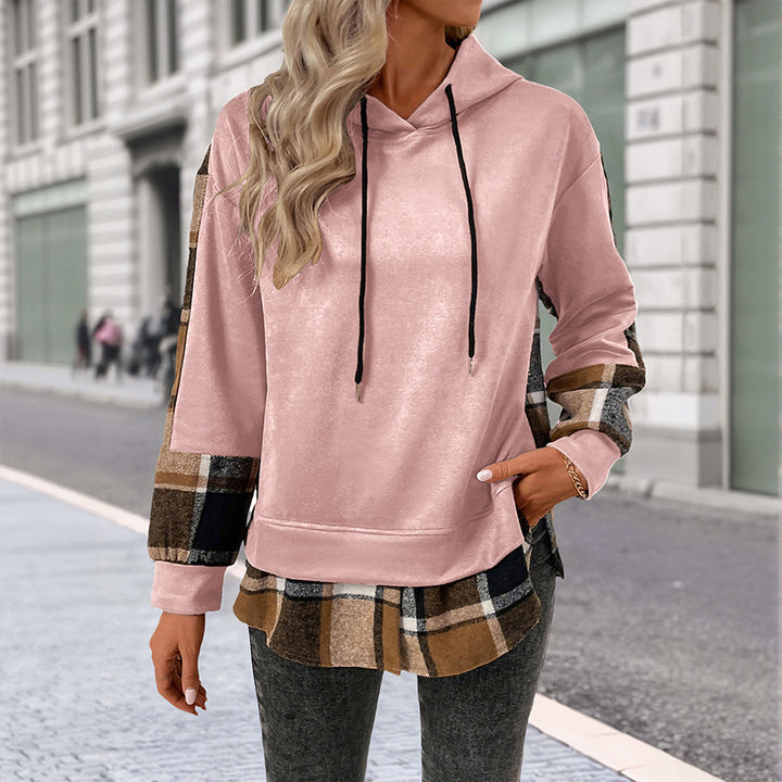 Damen lässiger Kapuzenpullover mit kariertem Patchwork-Design Drune