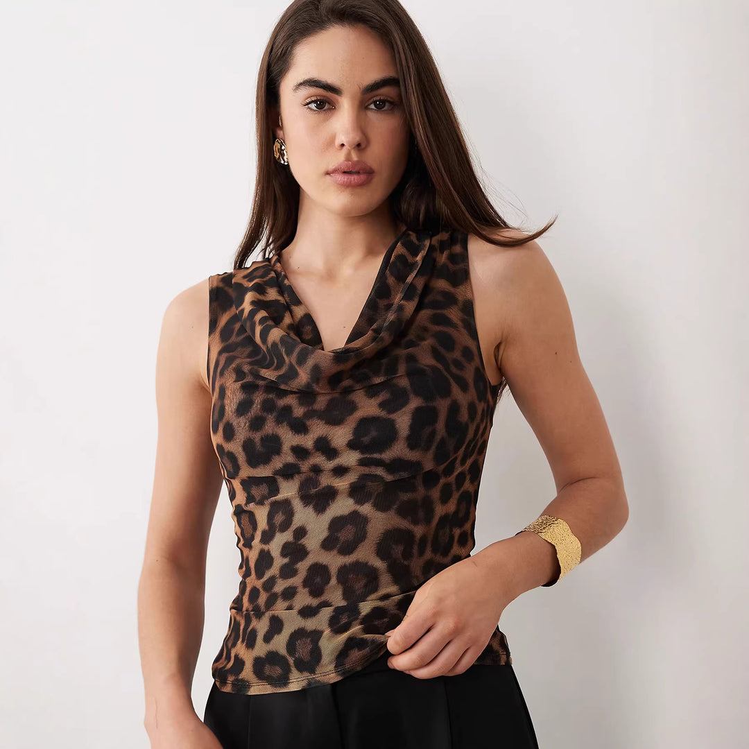 Damen Cowl-Neck Top mit Leopardenmuster Drune