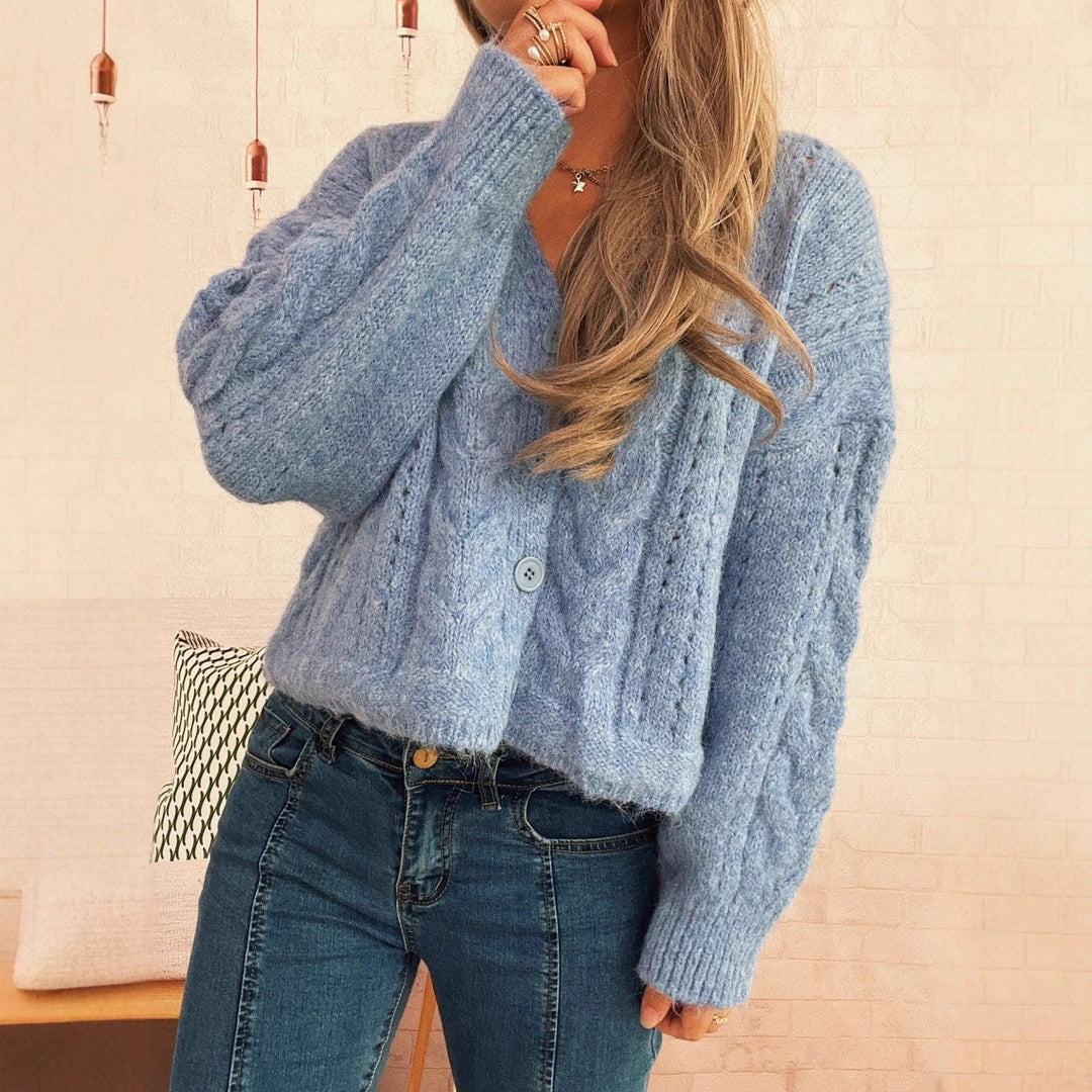 Damen kuschelige Strickjacke mit tiefem V-Ausschnitt und volumetrischen Ärmeln Drune