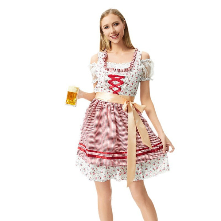 Damen nan traditionelles Oktoberfest Dirndl mit geschnürter Miederpartie, Rüschen und Satin-Schürze Drune