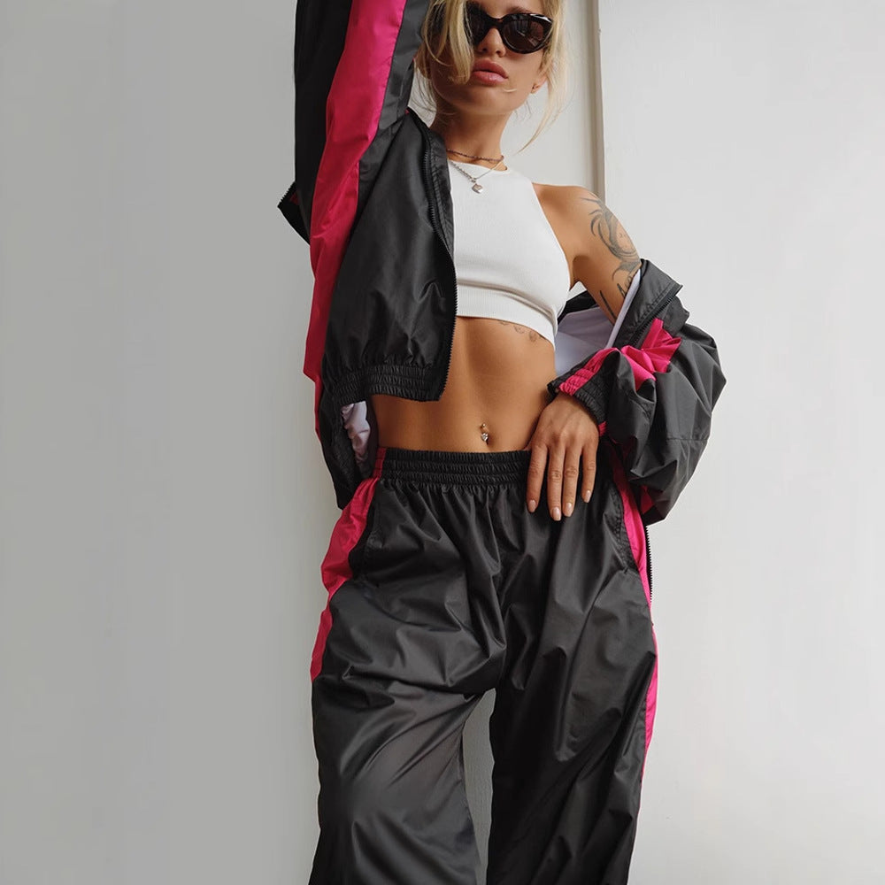 Damen nan sportives Trainingsanzug-Set mit Windbreaker-Jacke und weitem Hosenbein Drune