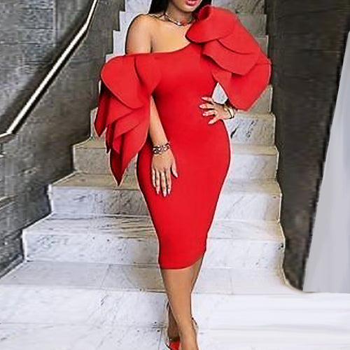 Damen figurbetontes Kleid mit asymmetrischen Rüschen Drune