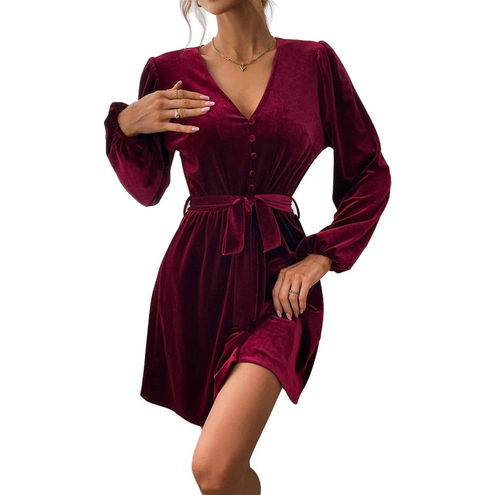 Damen Samtkleid mit tiefem V-Ausschnitt und Taillengürtel Drune