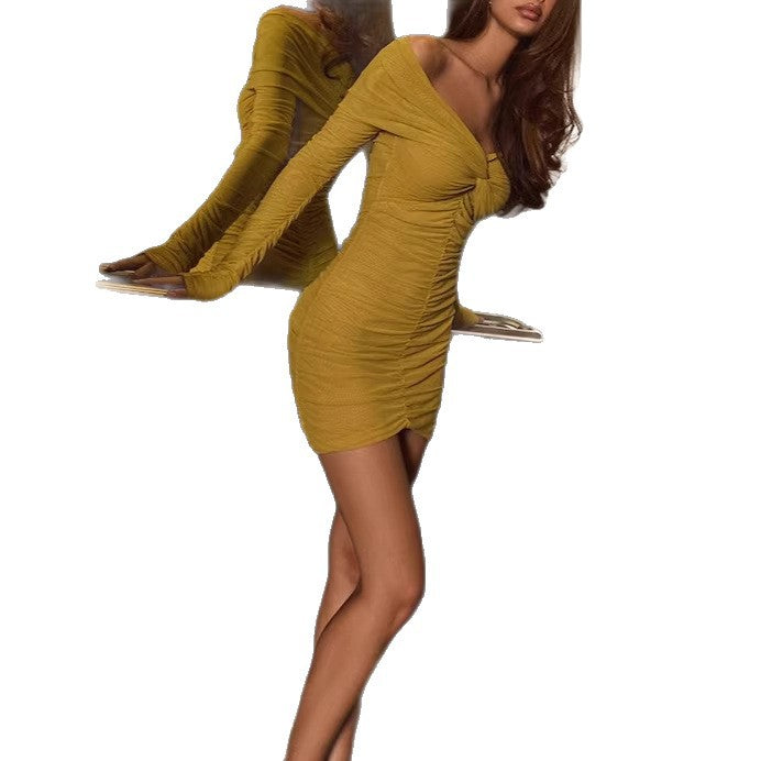 Damen figurbetontes Wickelkleid mit schulterfreien Ärmeln und Raffung Drune
