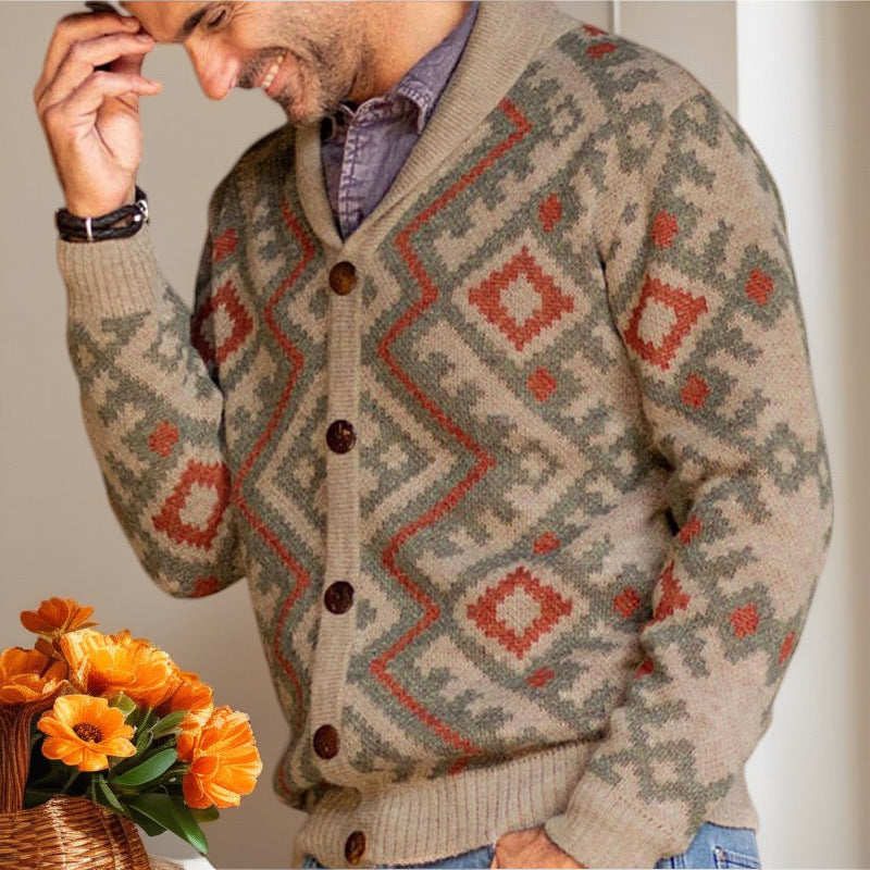 Herren Strickjacke mit geometrischem Muster und gemütlichem Schalkragen Drune