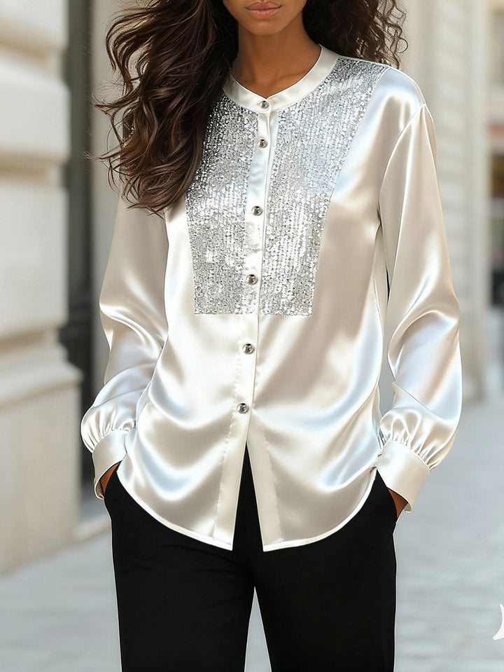 Damen Elegante Satinbluse mit funkelnden Paillettenbesätzen Drune