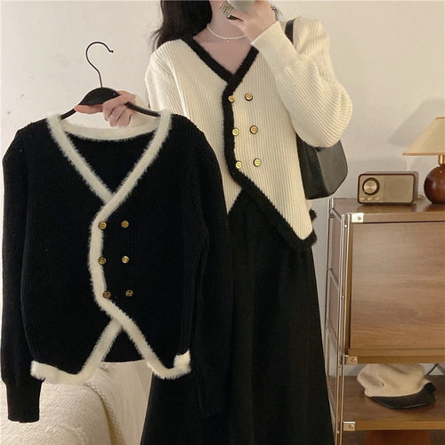 Damen Strickjacke mit asymmetrischem Schnitt und goldenem Knopfdesign Drune