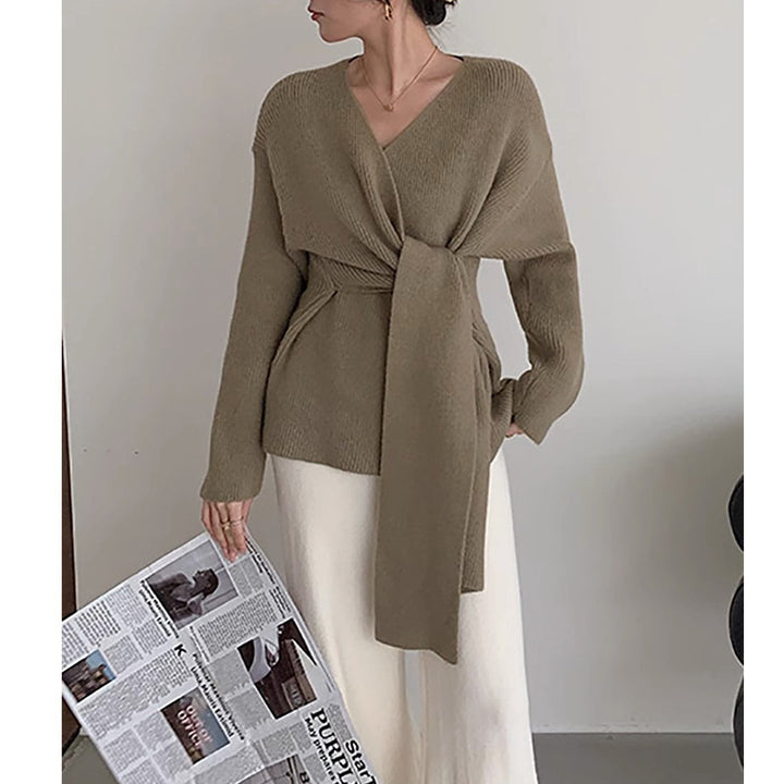 Damen modische Bluse mit Wickeldesign und Binde-Gürtel Drune