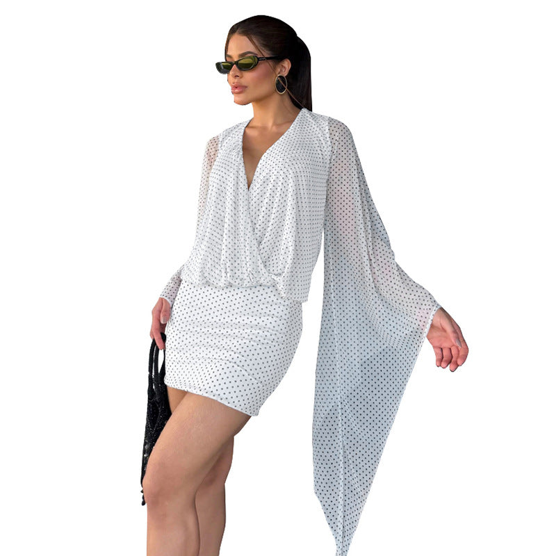 Damen lässiges Wickelkleid mit transparenten Ärmeln und schickem Design Drune