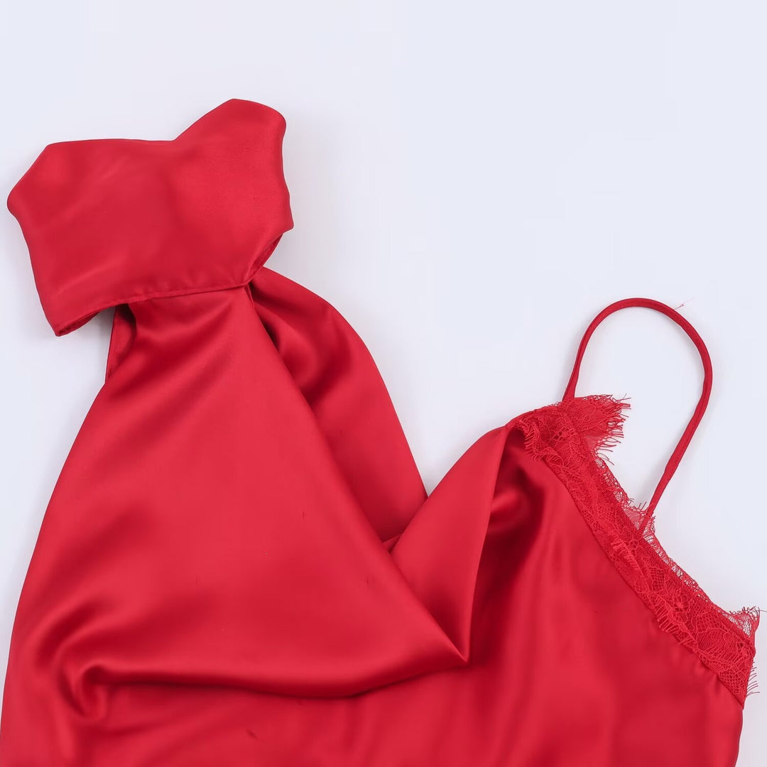 Damen elegantes Satin-Top mit asymmetrischem Saum und Spitzendetails Drune