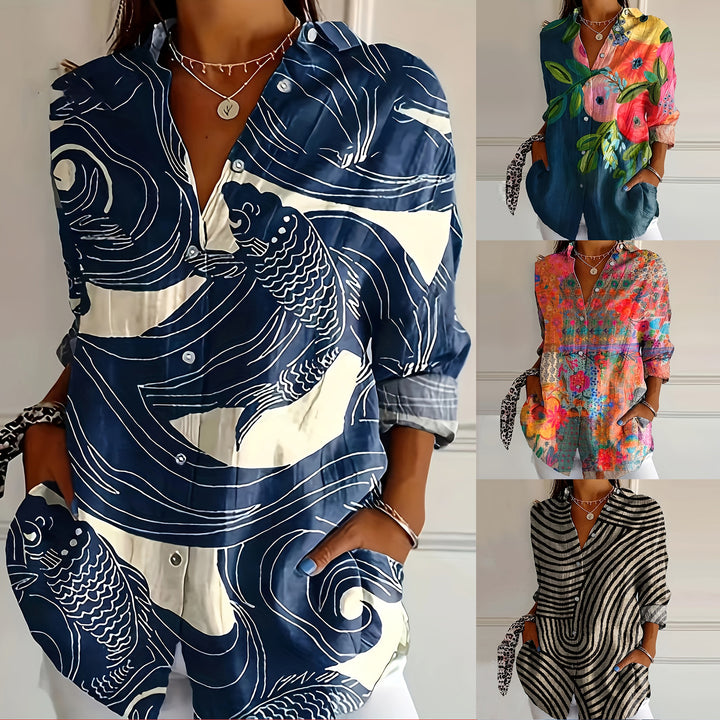 Damen Künstlich Gemustertes Button-Up Hemd Drune