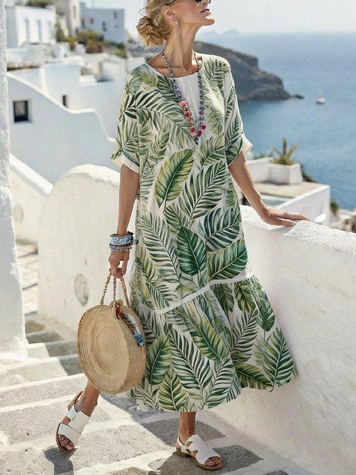 Damen Sommermaxikleid mit grafischem Muster und voluminösem Saum Drune