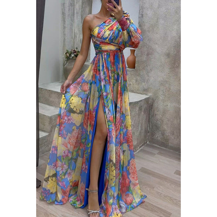 Damen Maxikleid mit asymmetrischem Schnitt und floralen Applikationen Drune