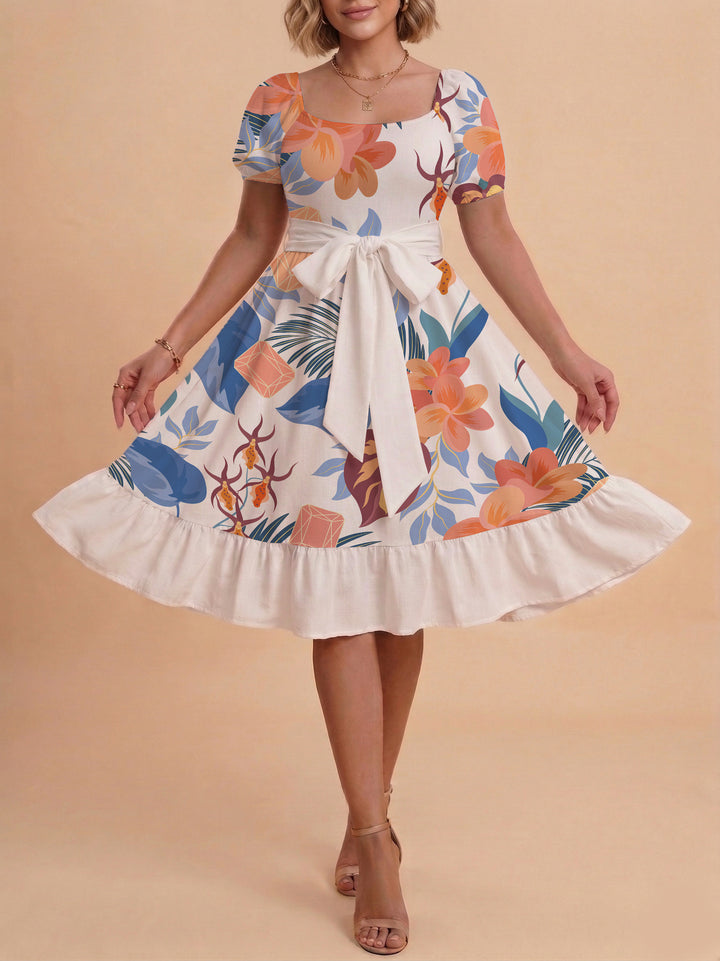 Damen A-Linien-Kleid mit floralen Motiven und taillierbarem Gürtel Drune